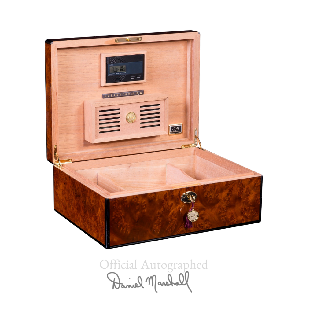 Autographed Daniel Marshall Humidor in Burl Wood with lift out tray - 100 cigars
