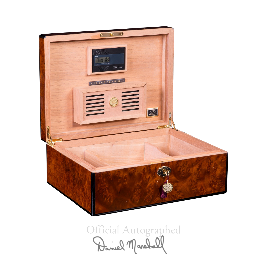 Autographed Daniel Marshall Humidor in Burl Wood with lift out tray - 100 cigars